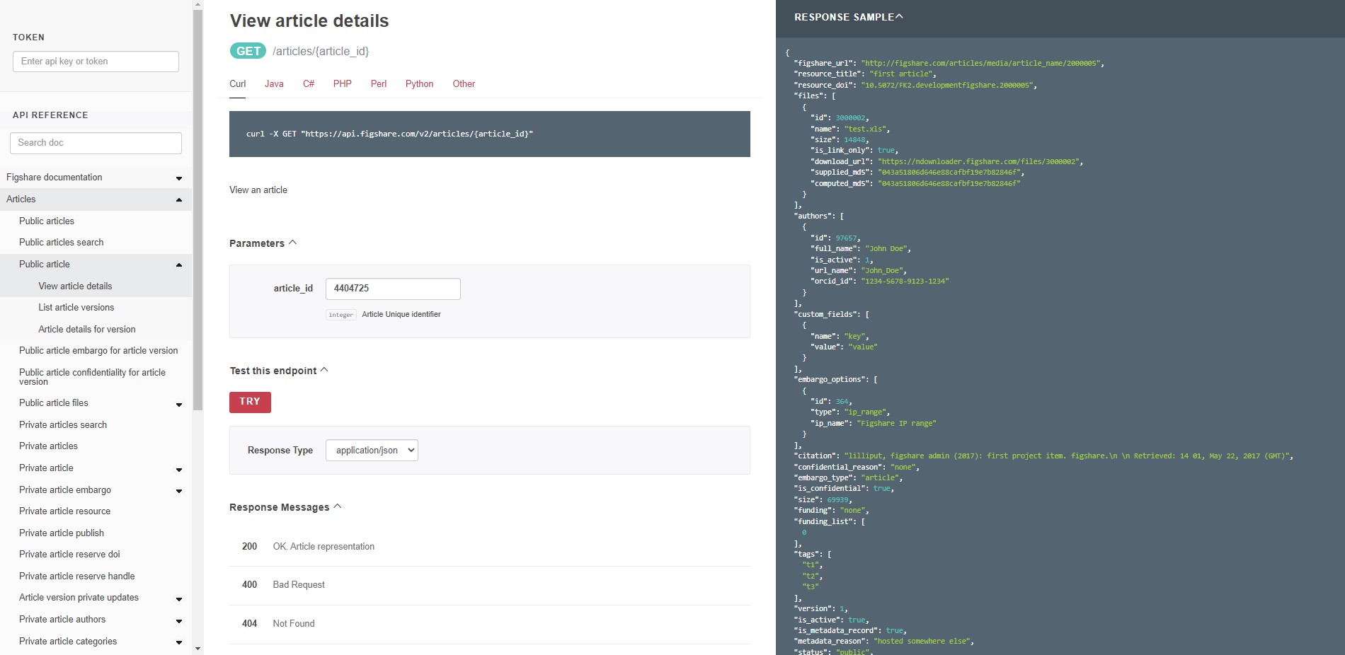 image of figshare api documentation showing how to retrieve all the metadata for item 5616445