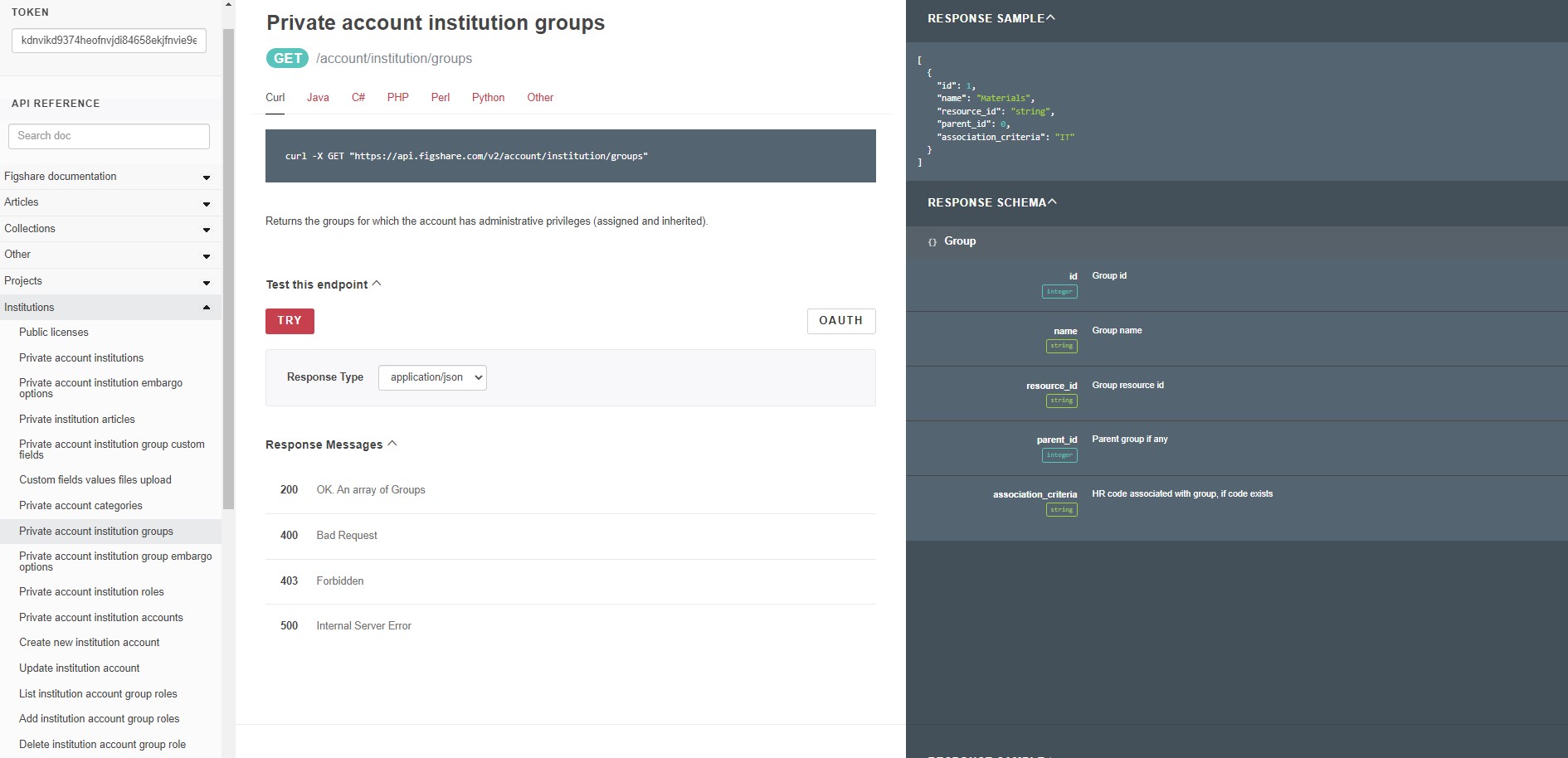 image of figshare api documentation showing how to enter a token and get your own item metadata