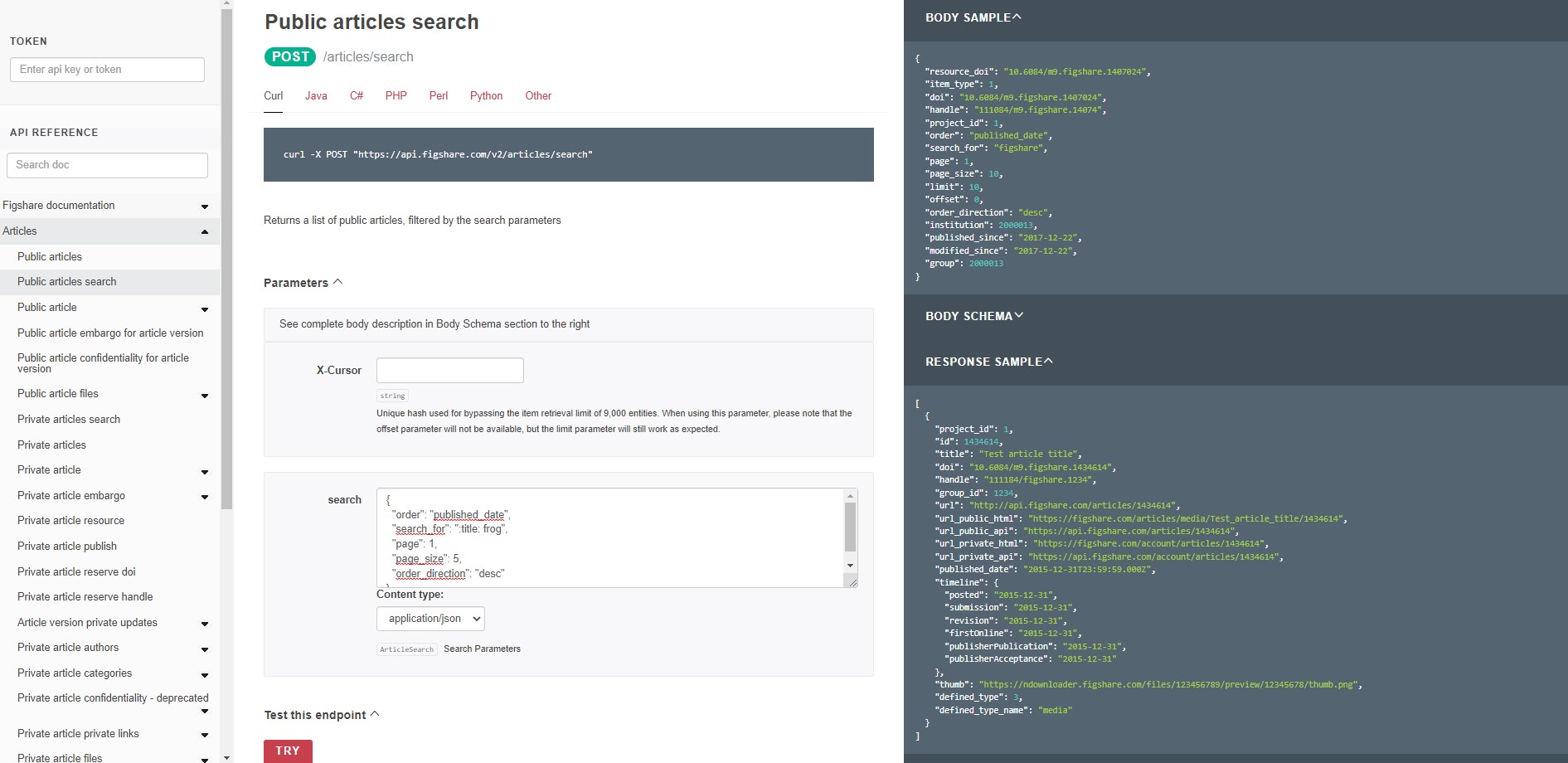 image of figshare api documentation showing how to search for records