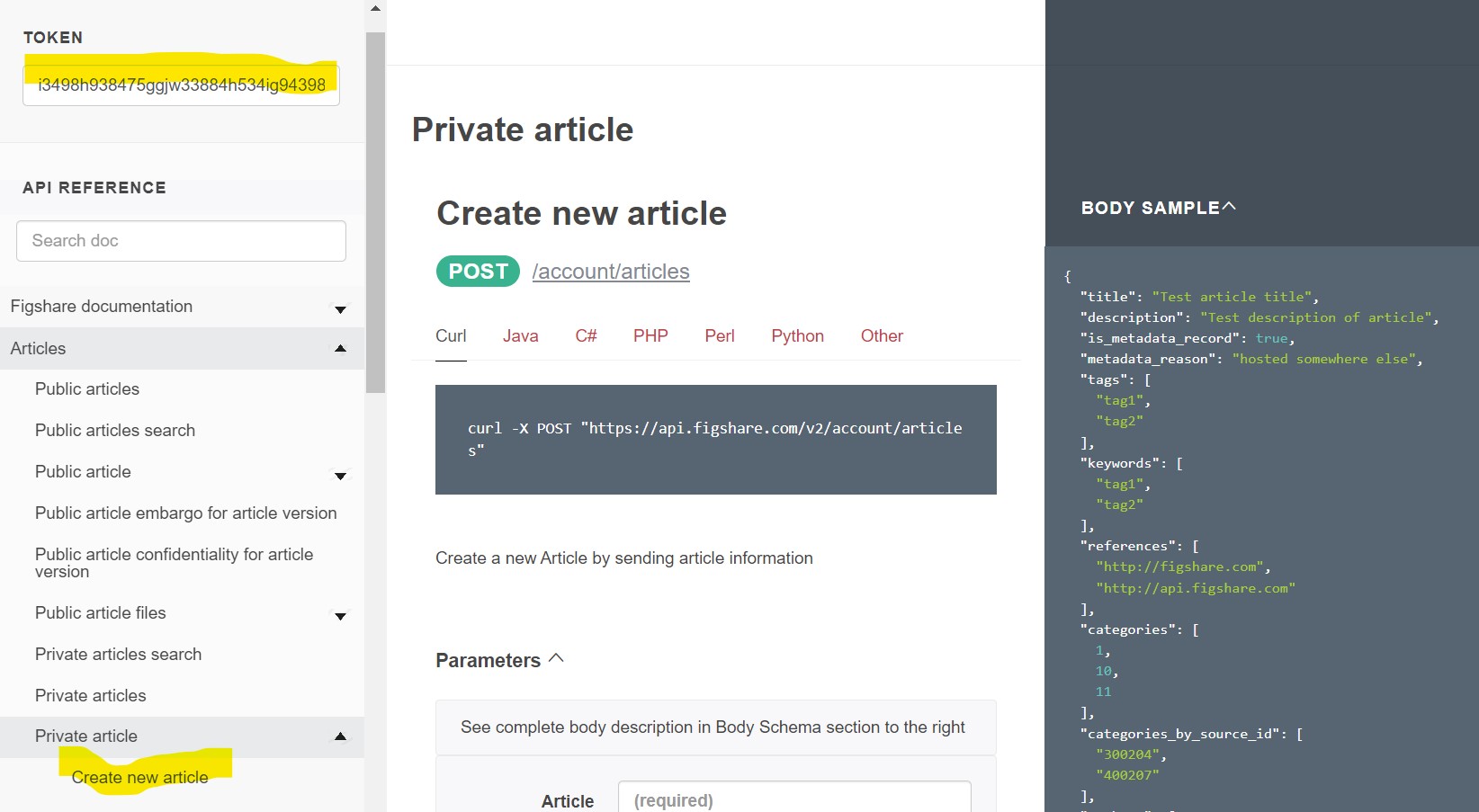 image of figshare api documentation showing how to enter a token and send metadata